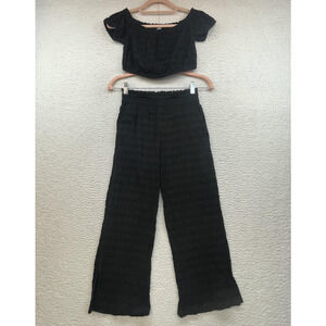 Aerie Two Piece Set Womens XXS Black Off Shoulder Crop Top Pants Textured